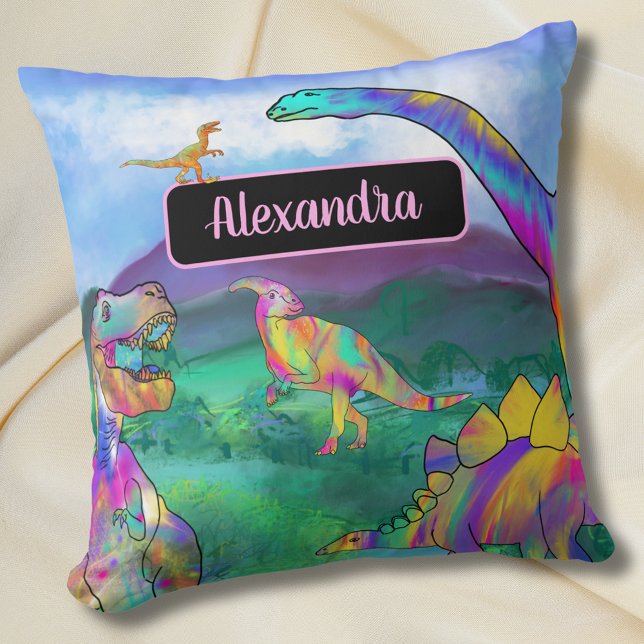 Almofada Nome Personalizado do Dinossauro Colorido (Colorful dinosaurs personalized girls name bedroom decor Cute dino kids custom bedroom home decor )