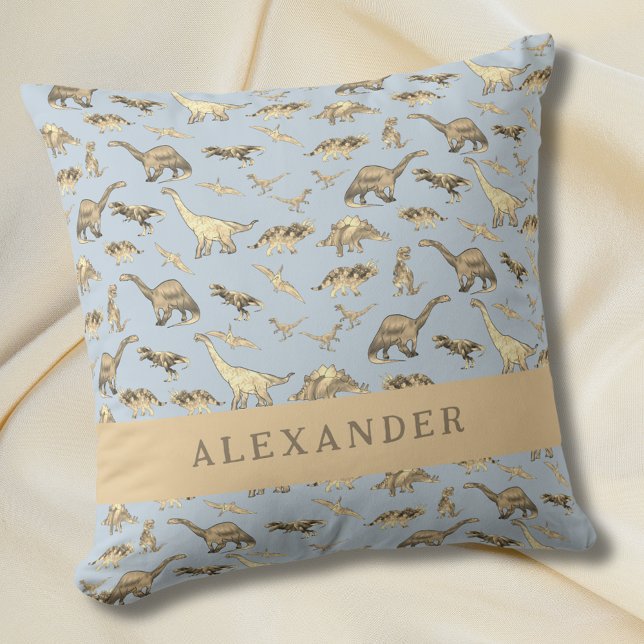 Almofada Nome Personalizado do Dinossauro Gelado Azul (Cute dinosaur pattern personalized name blue pillow baby Boys Jurassic dino bedroom home decor)