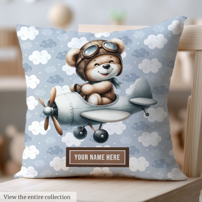 Almofada Nome Personalizado do Travesseiro Baby Boy do Pilo (Blue Teddy Bear Pilot Baby Boy Pillow Custom Name)