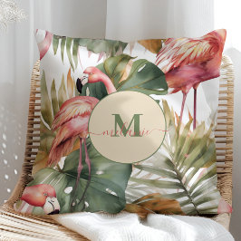 Almofada Nome Personalizado do Tropical Flamingo Monstera