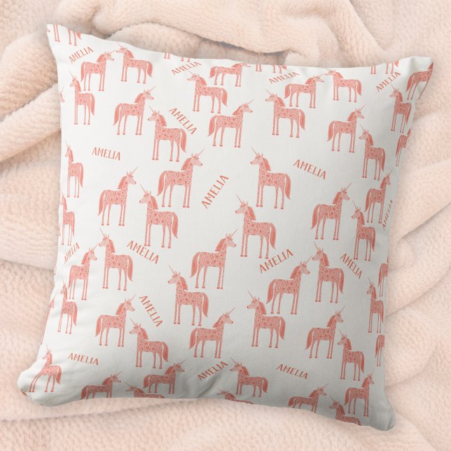 Almofada Nome Personalizado do Unicorn Rosa (Personalized custom name pink unicorn pattern throw pillow)