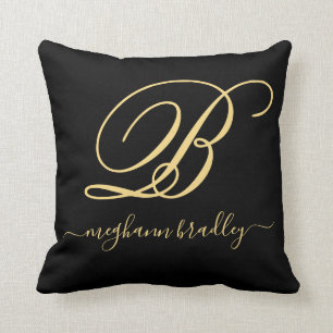 Almofada Nome Personalizado Dourado Preto Elegante Monogra