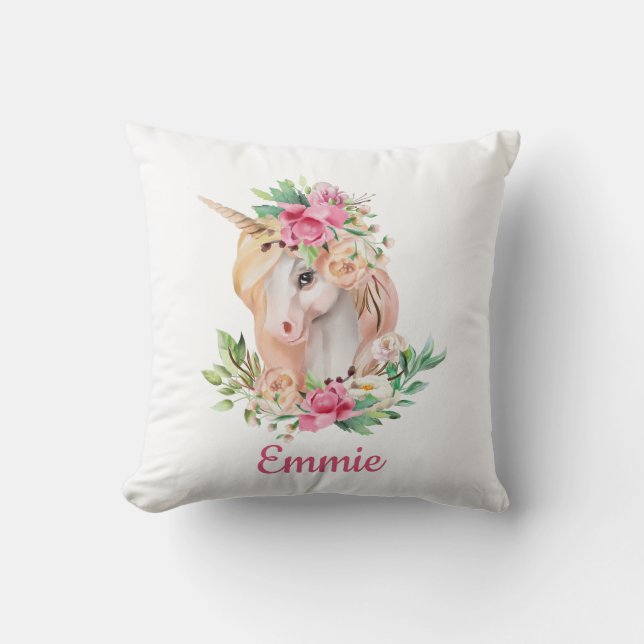 Almofada Nome Personalizado Floral Cor-de-Rosa Unicorn Boni (Frente)