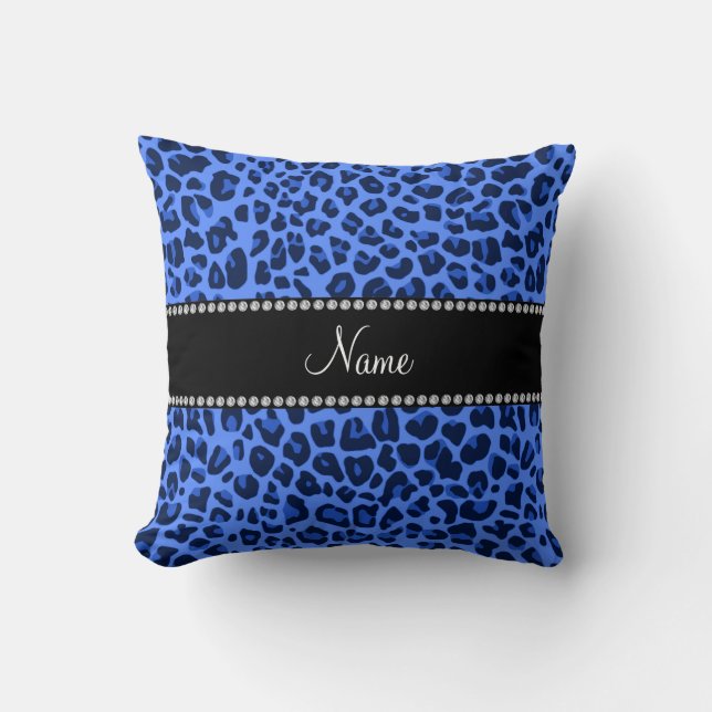 Almofada Nome personalizado impressão leopardo azul (Frente)