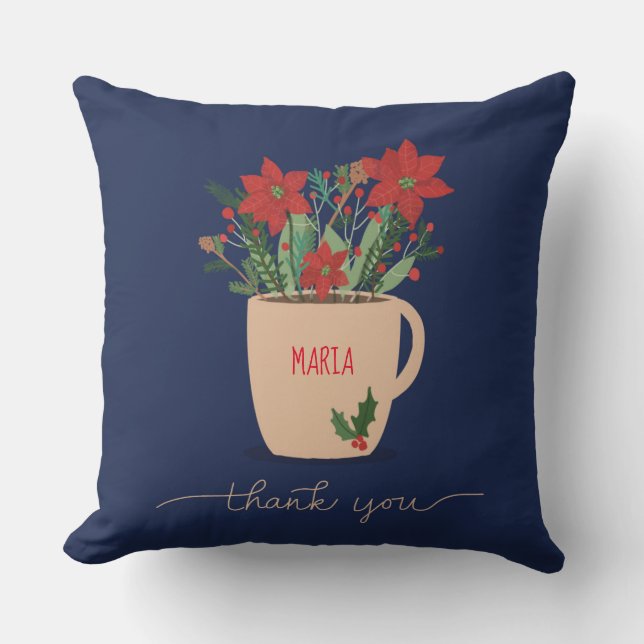 Almofada Nome personalizado Obrigado em Poinsettias de Nata (Frente)