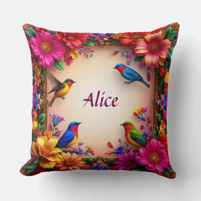 Almofada 🕊️ Nome Personalizado Pássaro Floral Natureza Dec (Frente)