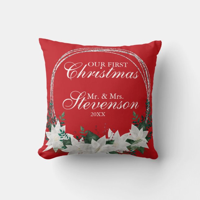 Almofada Nome Personalizado Poinsettia Branca Natal Floral (Frente)