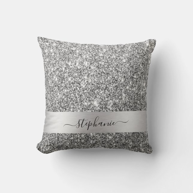 Almofada Nome personalizado Silver Glitter Luxury com scrip (Frente)