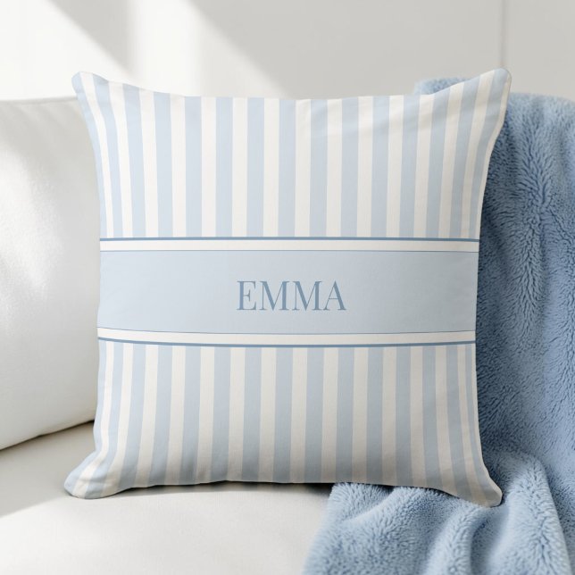 Almofada Nome Personalizado Simples Listrado Préppy Azul Mo (Modern Blue Preppy Striped Simple Custom Name Throw Pillow)