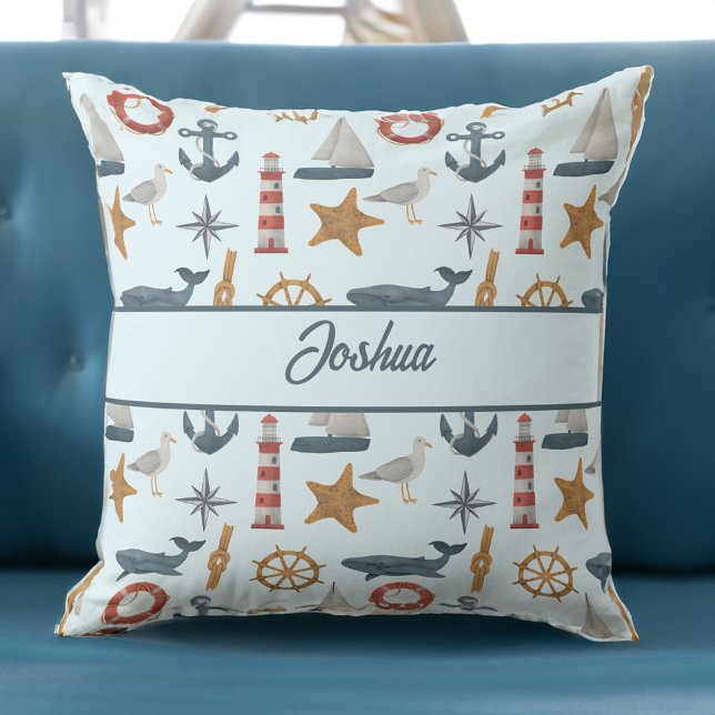 Almofada Nome personalizado tema marinheiro náutico marinho (Personalised name collage marine nautical sailor theme throw pillow boy gifts nursery gifts)