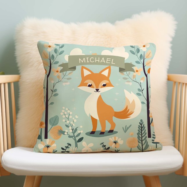 Almofada Nome Personalizado Woodland Fox, Boy Nursery (woodland fox, baby boy nursery pillow)