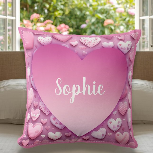 Almofada Nome Pessoal Coração Rosa (Personal Name Pink Heart Throw Pillow)