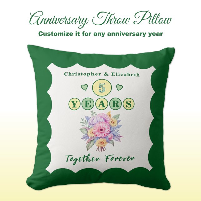 Almofada nomes de aniversário de 5 anos gerbera flores verd (Criador carregado)