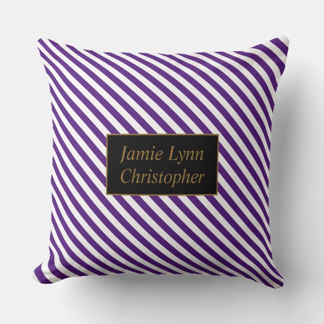 Almofada Nomes de Casais Personalizados de Stripes Roxo/Bra (Frente)