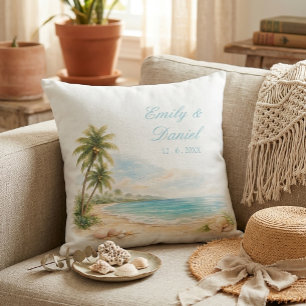 Almofada Nomes de Casamento de Praia Tropical com Aquarela