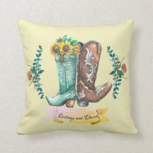 Almofada Nomes personalizados Newlyweds Rustic Cowboy Boots