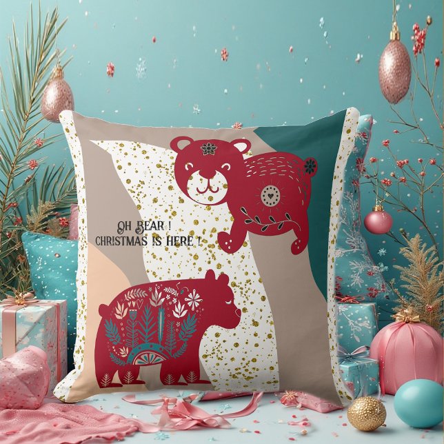 Almofada Nórdico de Urso de Natal Gato de Neve Boho Arte Bo (Nordic Christmas Bear Cat Snow Boho Bohemian Art Throw Pillow)