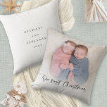 Almofada Nossa Primeira Foto De Bebê Gêmeos De Natal<br><div class="desc">Nosso Primeiro Script De Natal, Bebê Gira Os Nomes De Foto Ano. Um roteiro lúgubre para o Primeiro Natal e fácil de personalizar com os nomes dos seus bebês e o ano do outro lado e substituir a foto da amostra na frente por sua. Uma camada de camada de gradiente...</div>