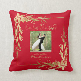 Almofada Nossa Primeira Foto de Natal Dourada Wreath em Ver