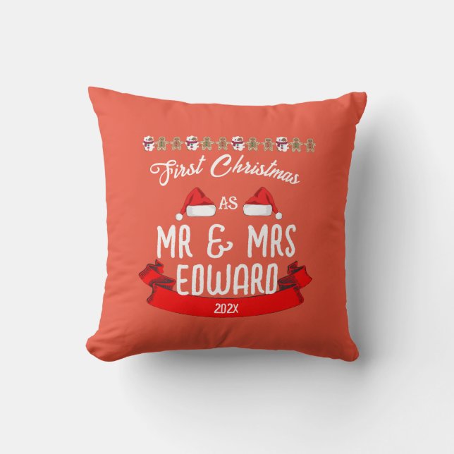 Almofada Nosso Primeiro Natal como Sr. e Sra. Recém-Casados (Frente)