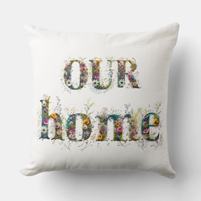 Almofada NOSSO texto decorativo em CASA spray de flores sil (Frente)