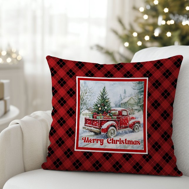 Almofada Nostalgic red truck holiday scene rustic Christmas (Nostalgic red truck holiday scene rustic Christmas pillow

)