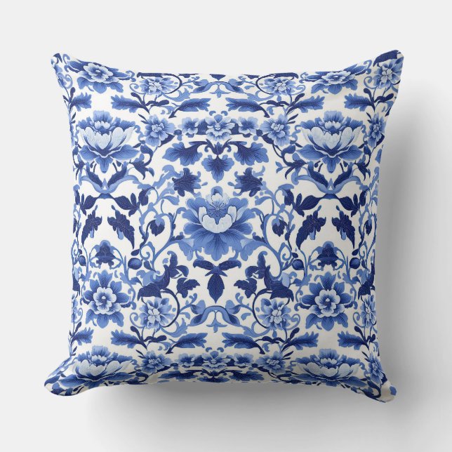Almofada Nouveau Chinoiserie Lotus de Arte Azul e Branca (Frente)