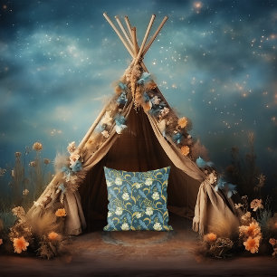 Almofada Nouveau de Creme e Arte Floral Azul