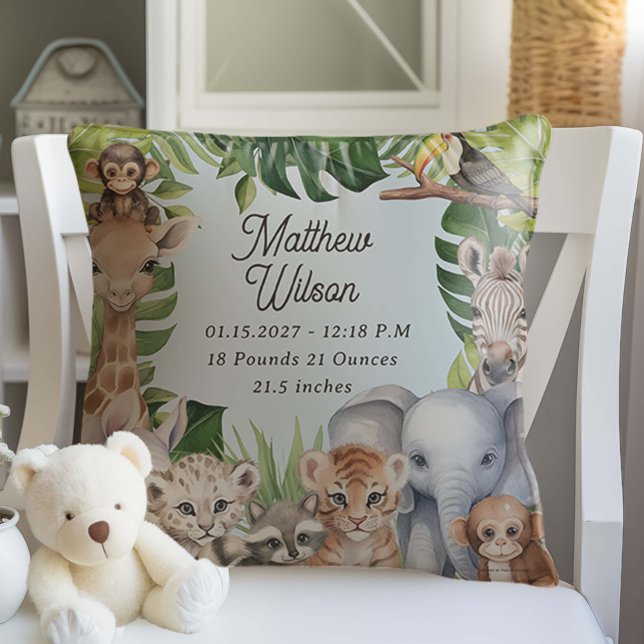 Almofada Núcleo de ninhos novos e azuis da selva (Blue Safari Animals Themed New Baby Gift Birth Stats Nursery Pillow Decor)