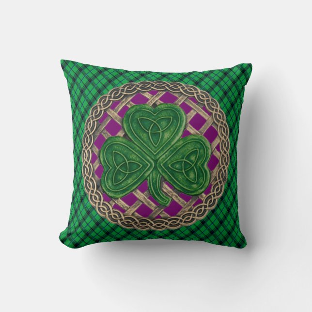 Almofada Números Celtais De Shamrock Roxo Na Xadrez Verde (Frente)