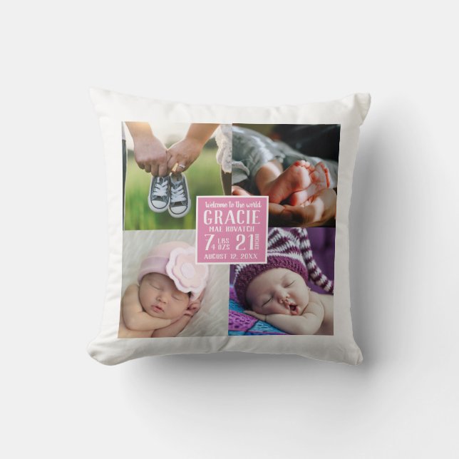 Almofada Nursery Baby Girl Foto Collage Birds Stats (Frente)