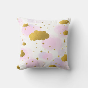 Almofada Nuvens de Aquarela Rosa Douradas Estrelas Céu