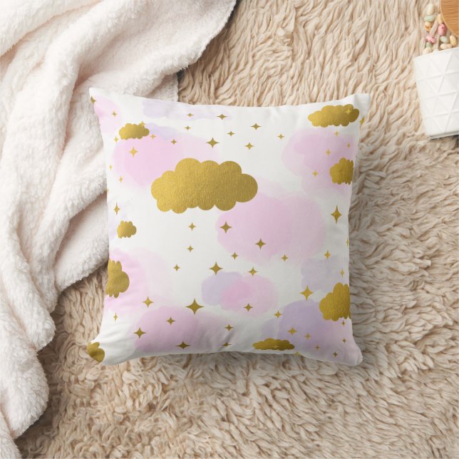 Almofada Nuvens de Aquarela Rosa Estrelas Douradas Céu    (Cobertor)