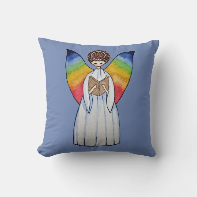 Almofada O anjo da aguarela com arco-íris voa lendo um (Frente)