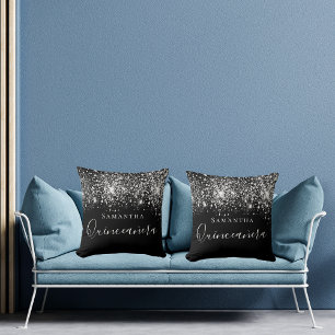 Almofada O brilho preto de quinceanera cai monograma pratea