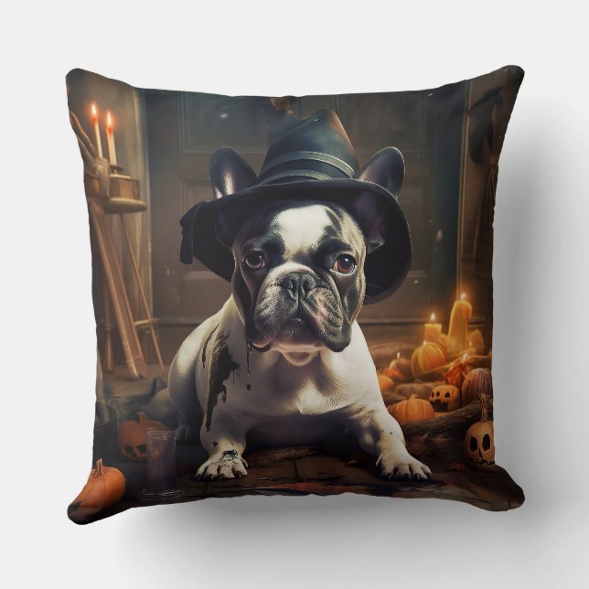 Almofada O Bulldog Francês Pumpkins Halloween Assustado (Verso)