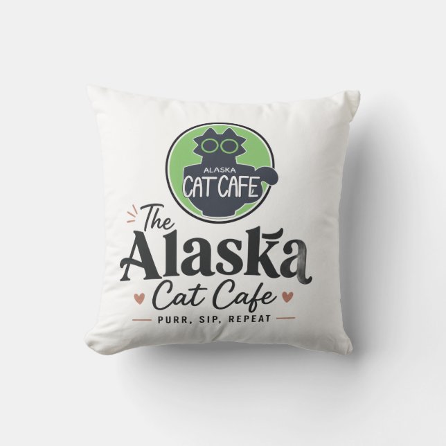 Almofada O Cat Cafe do Alasca “Ronronar, Beber, Repetir” (Frente)