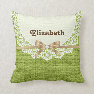 Almofada O doily branco com laço & verde limão coloriu a
