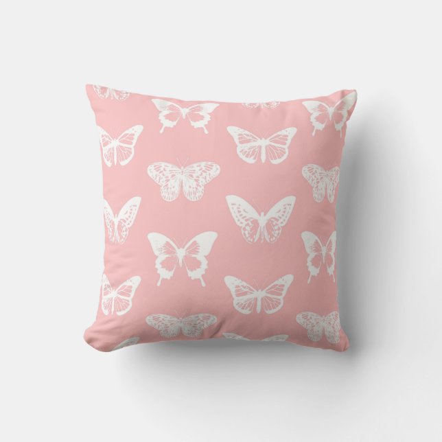 Almofada O esboço da borboleta, descasca o rosa e o branco (Frente)