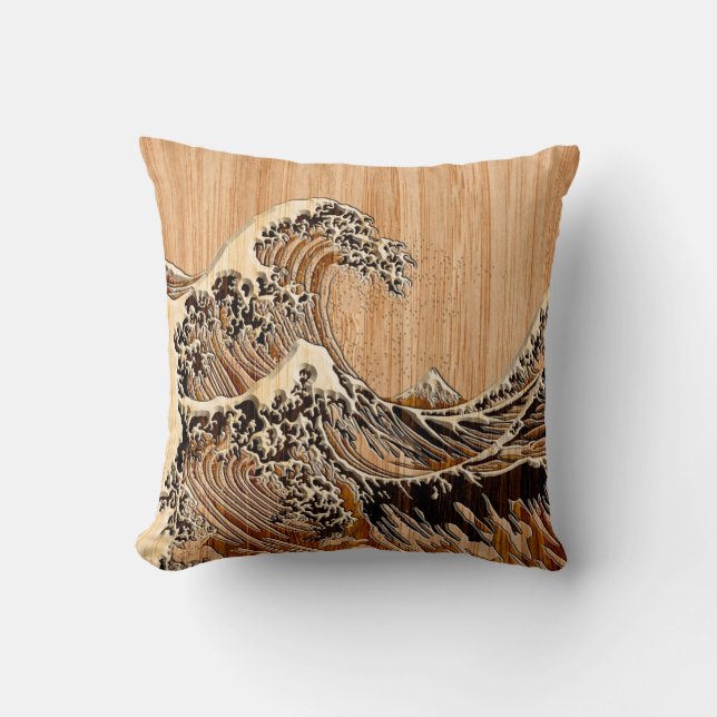 Almofada O Excelente Hokusai Wave Bamboo Wood Style (Frente)
