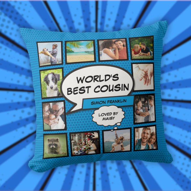 Almofada O melhor primo do mundo, 12 Foto colagem Blue Fun (World's Best Cousin 12 Photo Collage Blue Fun Throw Pillow)