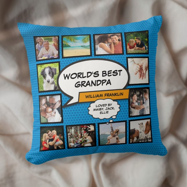 Almofada O melhor vovô do mundo azul de fotos (Fun World's Best Grandpa Grandad Photo Blue Throw Pillow)