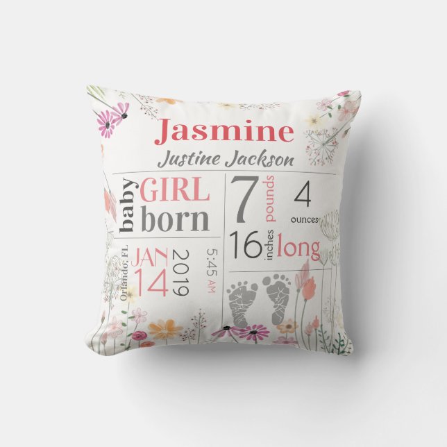 Almofada O Nascimento do Bebê é Pink e Flores de Pêssego (Frente)