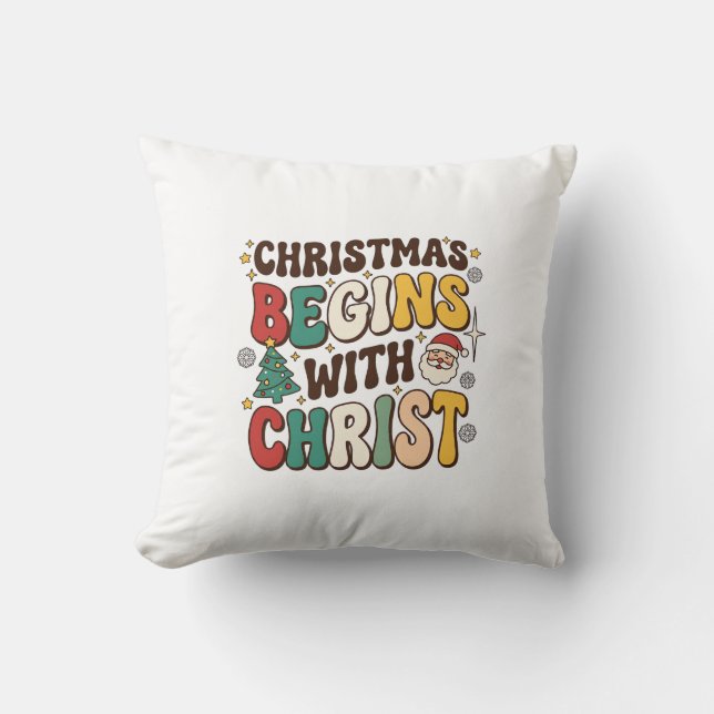 Almofada O Natal Começa Com Cristo Design de Árvore de Nata (Frente)