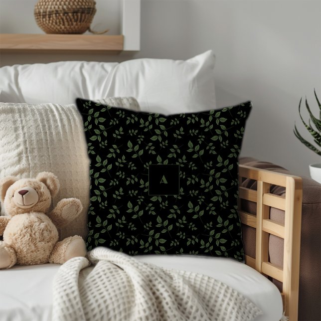 Almofada O padrão preto verde deixa monograma (Criador carregado)
