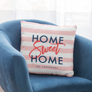 Almofada O rosa coral Pastel listra a casa doce Home azul