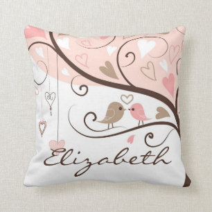 Almofada O rosa e os Lovebirds de Brown personalizaram o