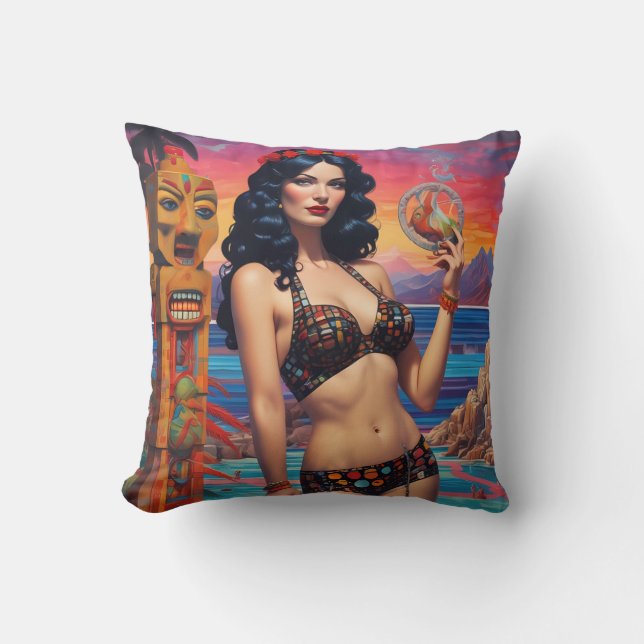 Almofada O Sonho de praia do Tiki - Ken Gage Art (Frente)