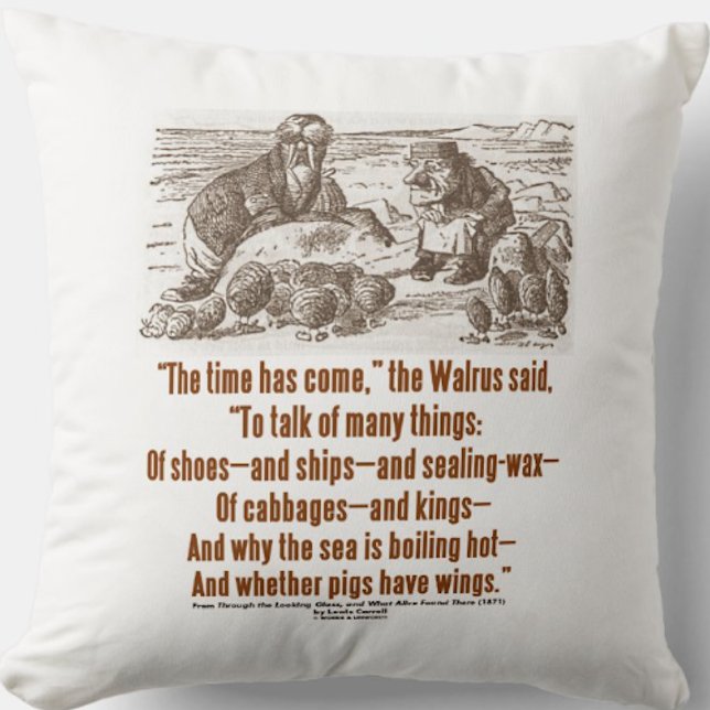 Almofada O Tempo Da Maravilha Chegou Ao Vidro (Throw pillow featuring Wonderland's Walrus and the Carpenter along with the infamous poem's excerpt)