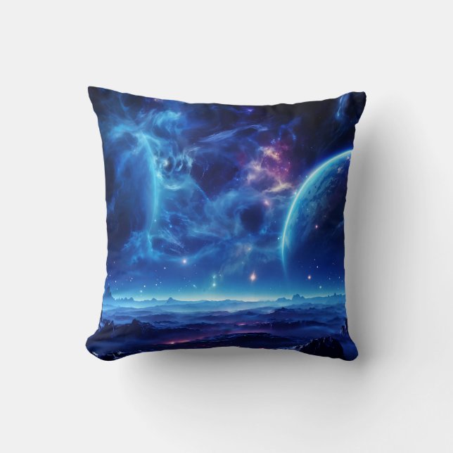 Almofada Oásis Galáctica: Paisagem Estelar da Nebulosa Azul (Frente)